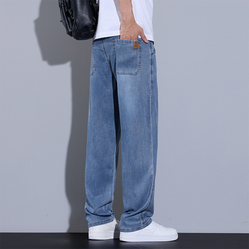 Дънки, прави крачета, средна талия, тънък плат, Lyocell‑памучна смес с множество джобове