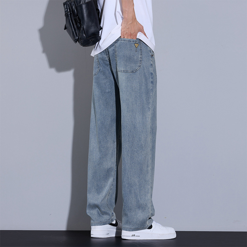 Дънки, прави крачета, средна талия, тънък плат, Lyocell‑памучна смес с множество джобове