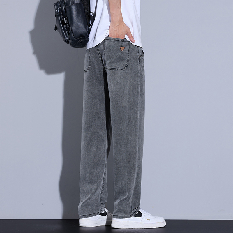 Дънки, прави крачета, средна талия, тънък плат, Lyocell‑памучна смес с множество джобове