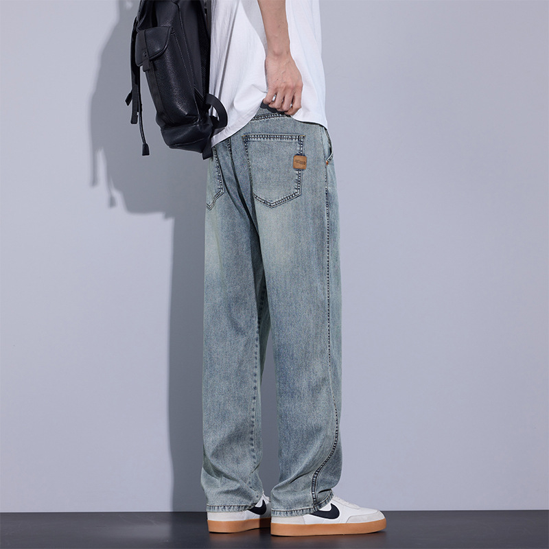 Дънки, прави крачета, средна талия, тънък плат, Lyocell‑памучна смес с множество джобове