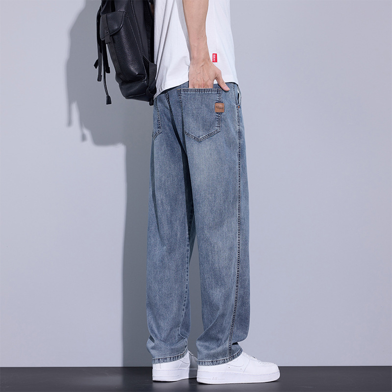 Дънки, прави крачета, средна талия, тънък плат, Lyocell‑памучна смес с множество джобове