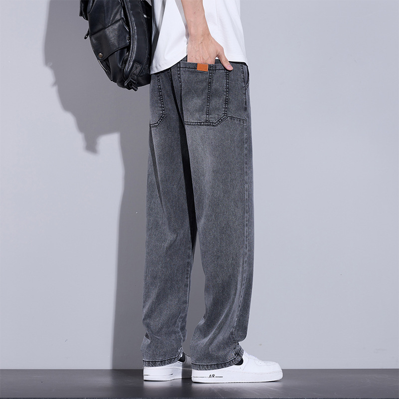 Дънки, прави крачета, средна талия, тънък плат, Lyocell‑памучна смес с множество джобове