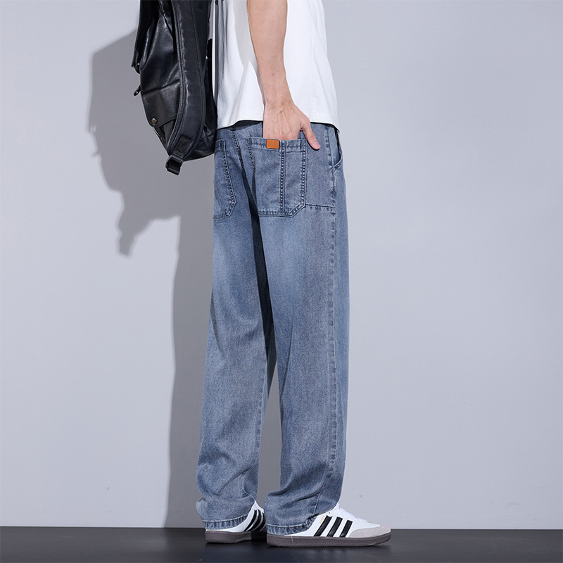 Дънки, прави крачета, средна талия, тънък плат, Lyocell‑памучна смес с множество джобове