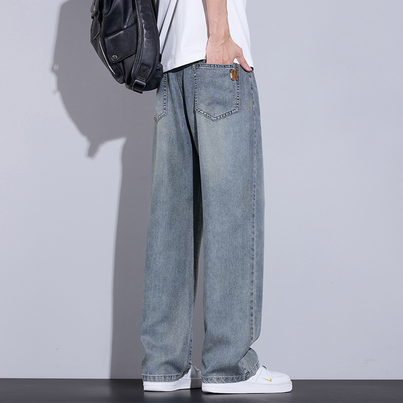 Дънки, прави крачета, средна талия, тънък плат, Lyocell‑памучна смес с множество джобове