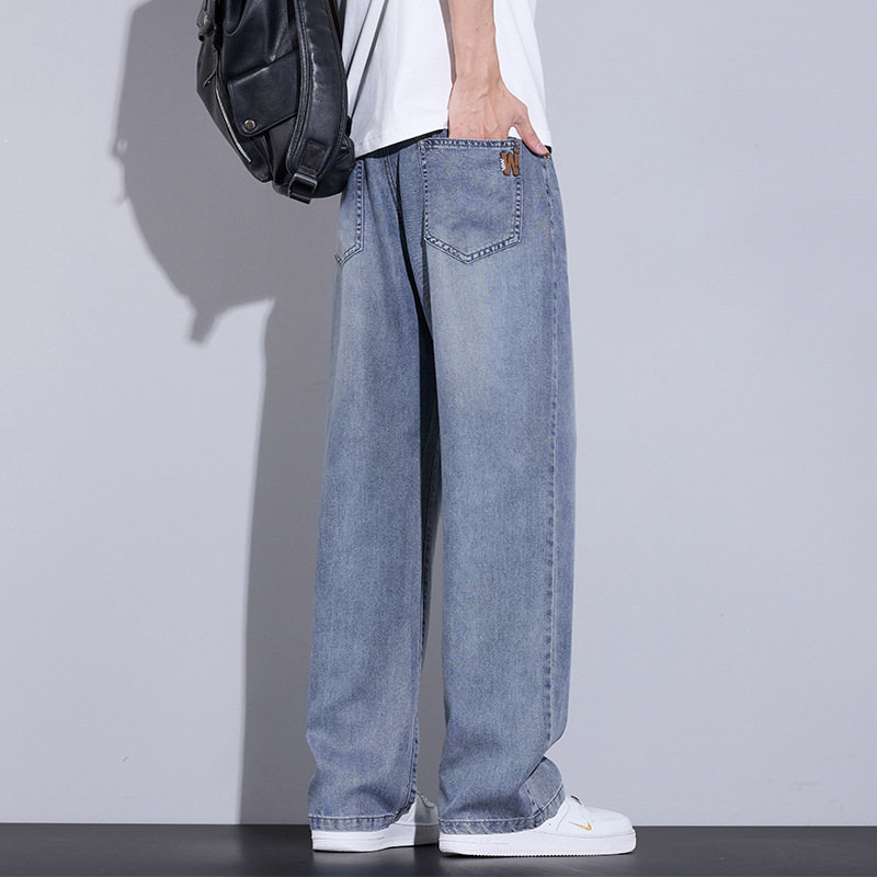 Дънки, прави крачета, средна талия, тънък плат, Lyocell‑памучна смес с множество джобове