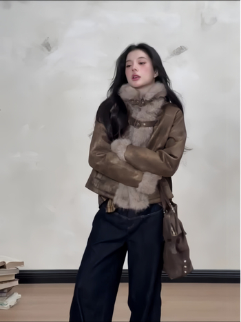 Палто от изкуствен пух за жени, зима 2024, с ревера, дълги ръкави, средна дължина (50–65 см)