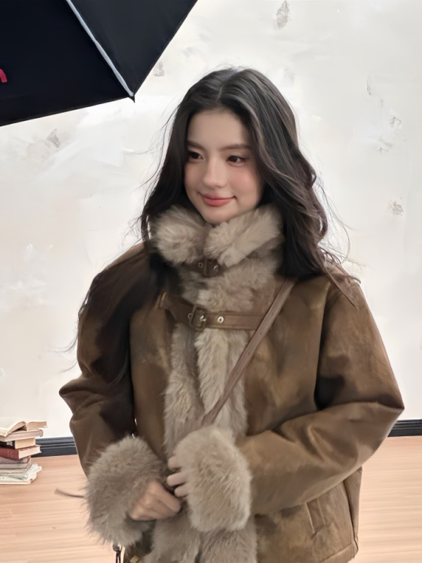 Палто от изкуствен пух за жени, зима 2024, с ревера, дълги ръкави, средна дължина (50–65 см)