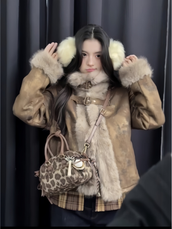 Палто от изкуствен пух за жени, зима 2024, с ревера, дълги ръкави, средна дължина (50–65 см)