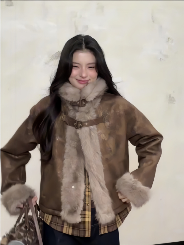 Палто от изкуствен пух за жени, зима 2024, с ревера, дълги ръкави, средна дължина (50–65 см)