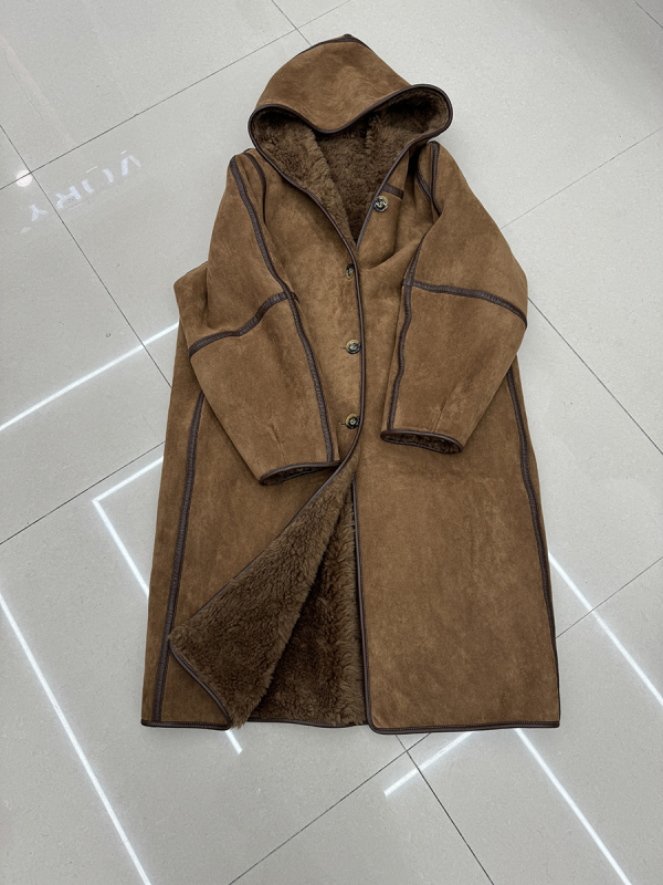 Kaput od prave vune i krzna s kapuljom, dvostrano nošenje, retro stil