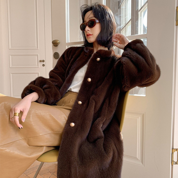 Дамско палто от изкуствена козина, средна дължина, яка-стойка, дълги ръкави, зима 2024