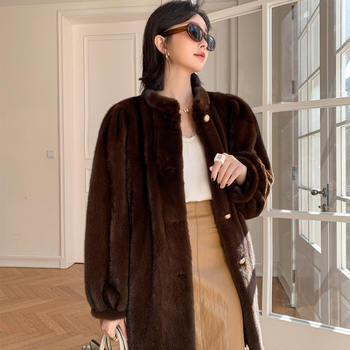 Дамско палто от изкуствена козина, средна дължина, яка-стойка, дълги ръкави, зима 2024