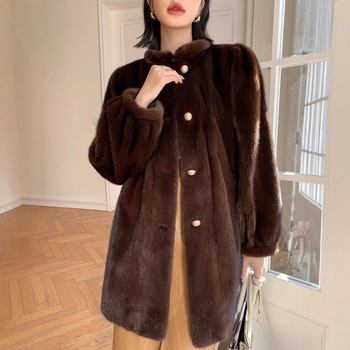 Дамско палто от изкуствена козина, средна дължина, яка-стойка, дълги ръкави, зима 2024
