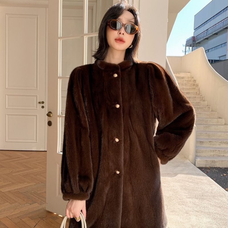 Дамско палто от изкуствена козина, средна дължина, яка-стойка, дълги ръкави, зима 2024