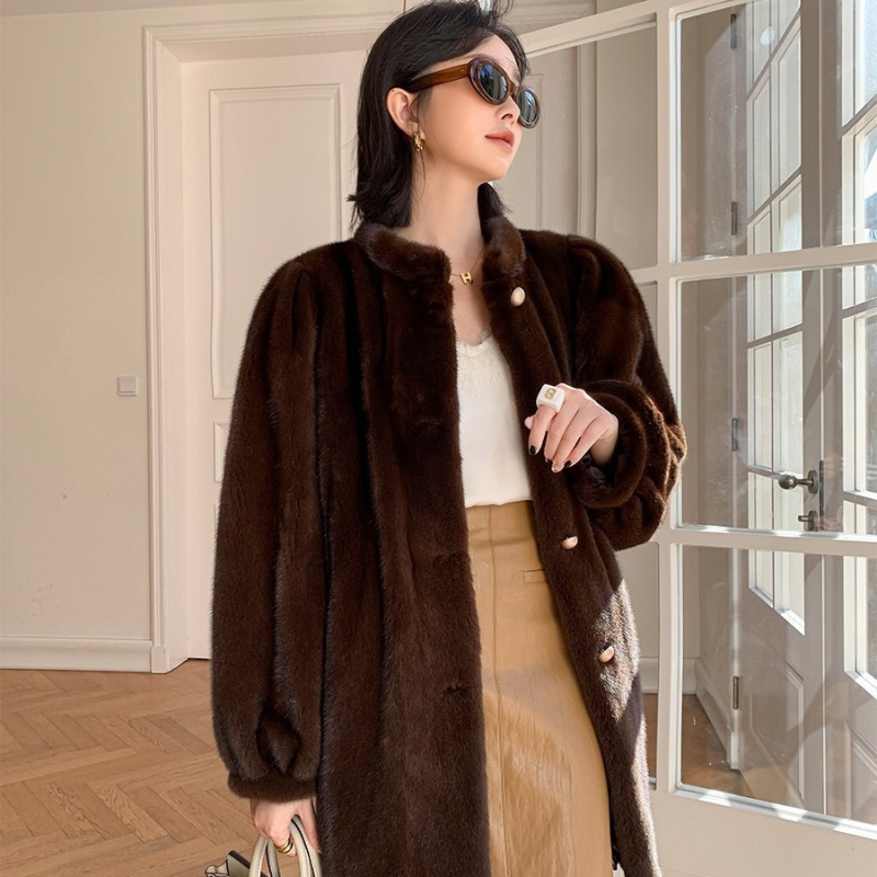 Дамско палто от изкуствена козина, средна дължина, яка-стойка, дълги ръкави, зима 2024