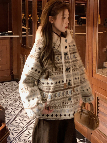Fair Isle kaput od umjetne ovčje vune s kapuljačom, slobodan kroj, debeli materijal, japansko-korejski casual vanjski odjevni predmet