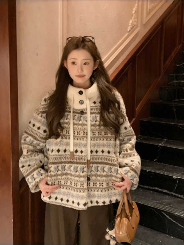 Fair Isle kaput od umjetne ovčje vune s kapuljačom, slobodan kroj, debeli materijal, japansko-korejski casual vanjski odjevni predmet
