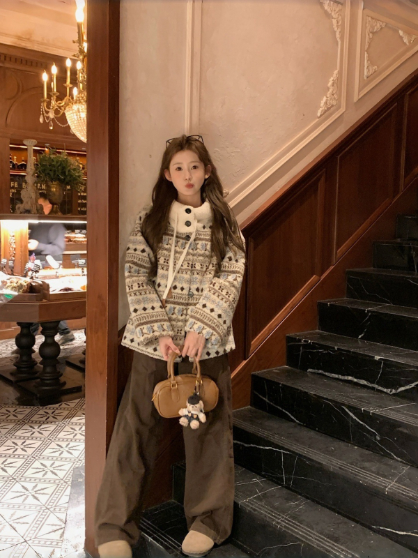 Fair Isle kaput od umjetne ovčje vune s kapuljačom, slobodan kroj, debeli materijal, japansko-korejski casual vanjski odjevni predmet