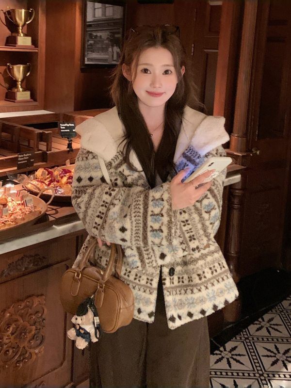 Fair Isle kaput od umjetne ovčje vune s kapuljačom, slobodan kroj, debeli materijal, japansko-korejski casual vanjski odjevni predmet