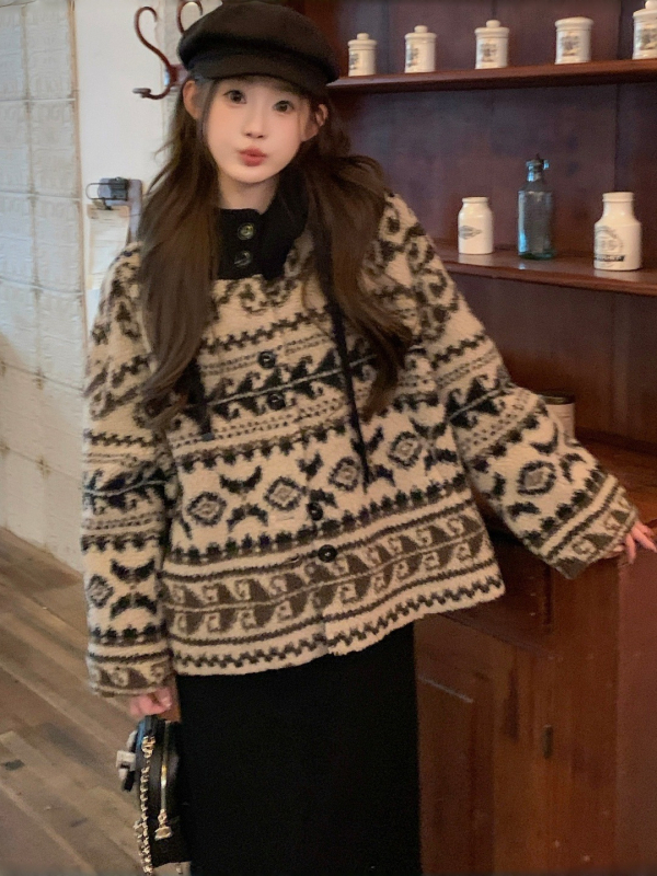 Fair Isle kaput od umjetne ovčje vune s kapuljačom, slobodan kroj, debeli materijal, japansko-korejski casual vanjski odjevni predmet