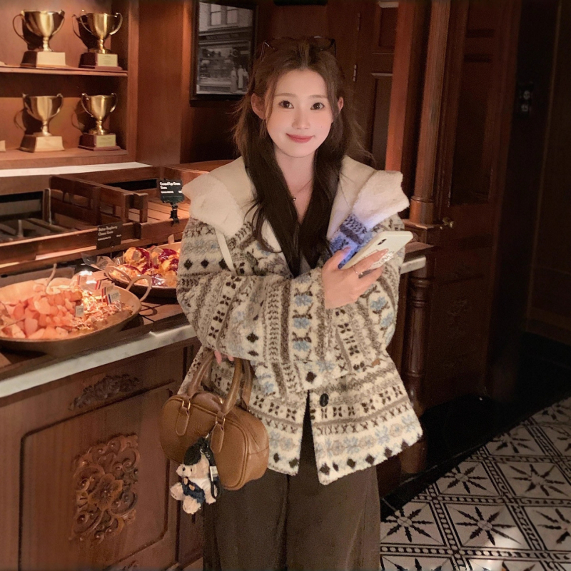 Fair Isle kaput od umjetne ovčje vune s kapuljačom, slobodan kroj, debeli materijal, japansko-korejski casual vanjski odjevni predmet