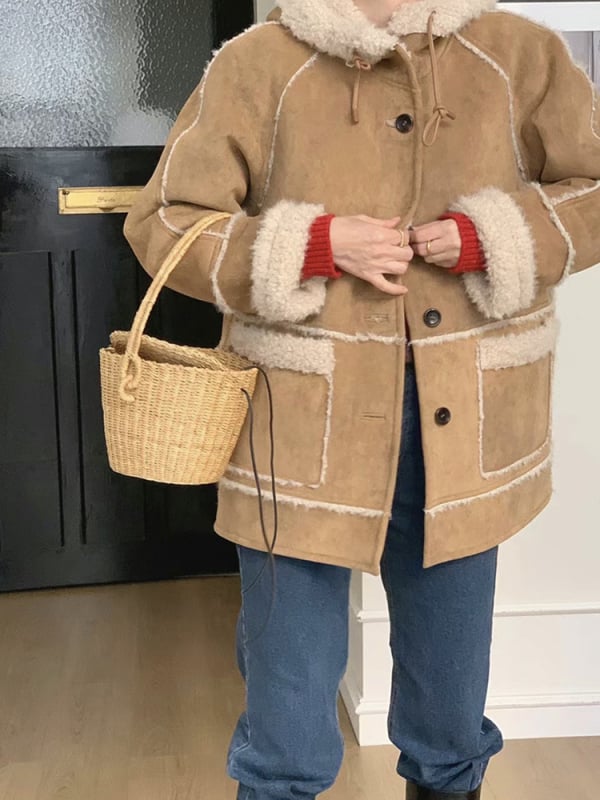 Палто с качулка от агнешка вълна за жени, средна дължина, корейски стил, есен 2024, полиестер