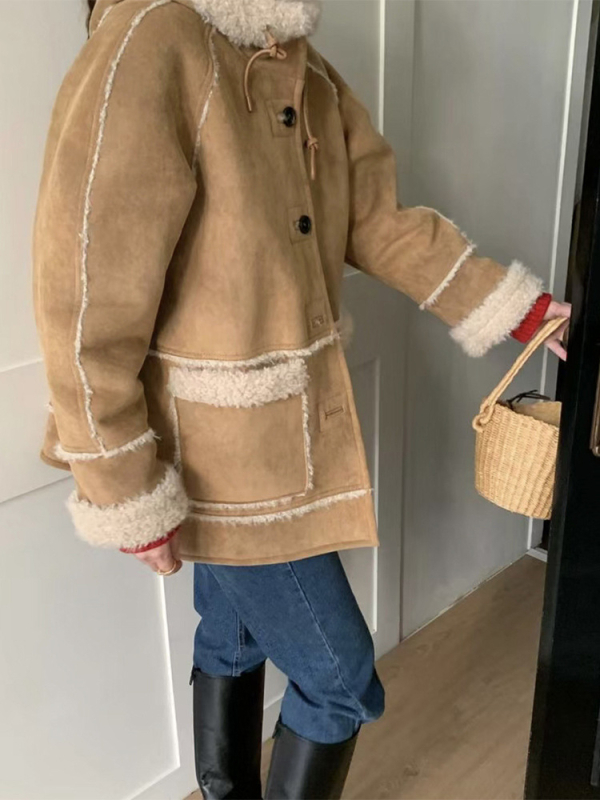 Палто с качулка от агнешка вълна за жени, средна дължина, корейски стил, есен 2024, полиестер