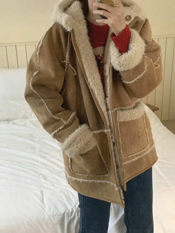 Палто с качулка от агнешка вълна за жени, средна дължина, корейски стил, есен 2024, полиестер