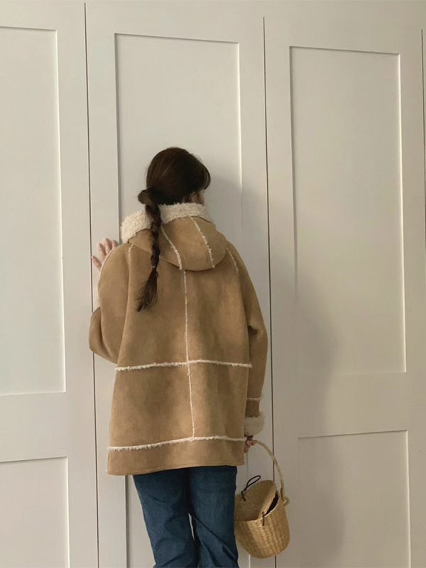 Палто с качулка от агнешка вълна за жени, средна дължина, корейски стил, есен 2024, полиестер