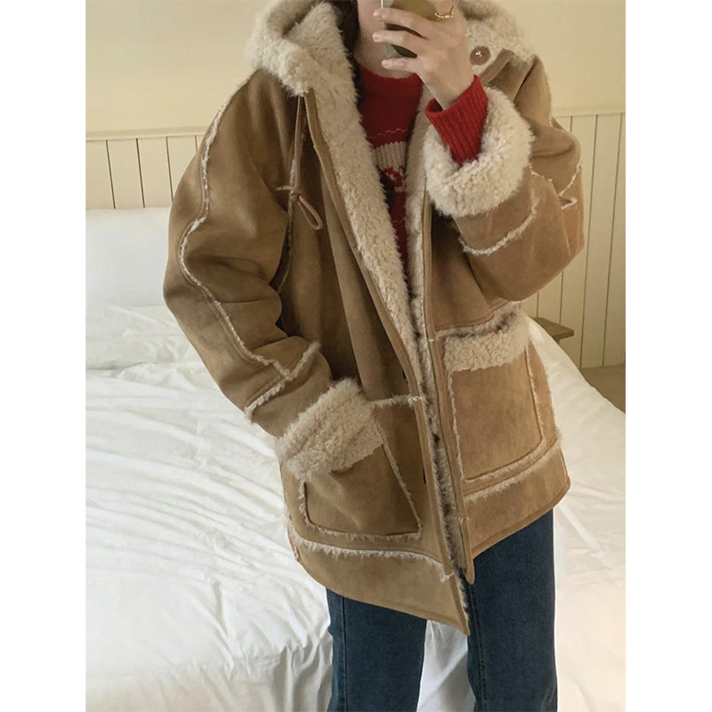 Палто с качулка от агнешка вълна за жени, средна дължина, корейски стил, есен 2024, полиестер