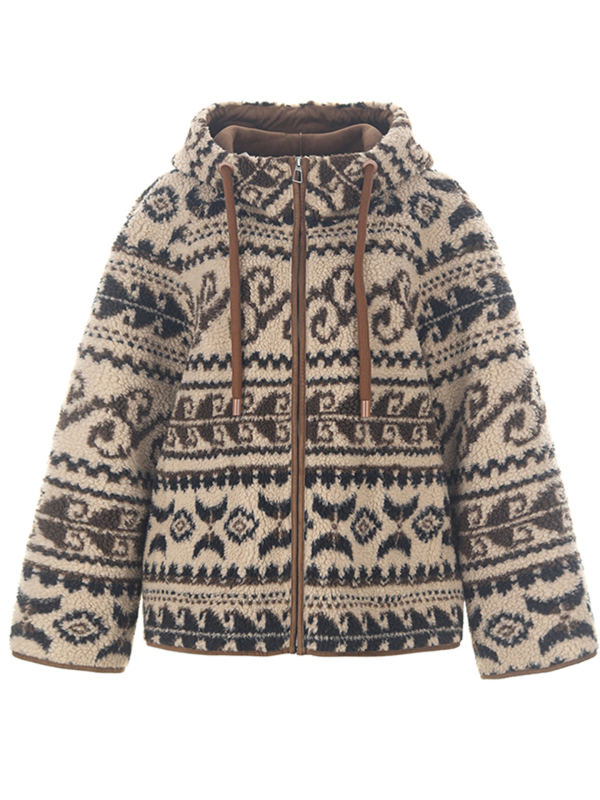 Женско палто от изкуствена агнешка вълна с качулка, средна дължина 65–80 см, дълги ръкави, ретро стил