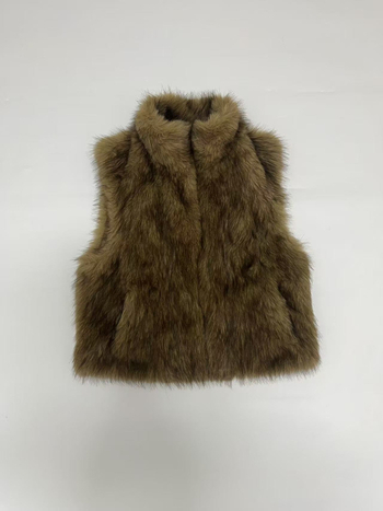 Жилет от изкуствен пух, без ръкави, със стойкова яка, стандартна дължина, полиестерна материя, есенно 2025