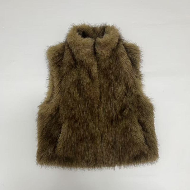 Жилет от изкуствен пух, без ръкави, със стойкова яка, стандартна дължина, полиестерна материя, есенно 2025