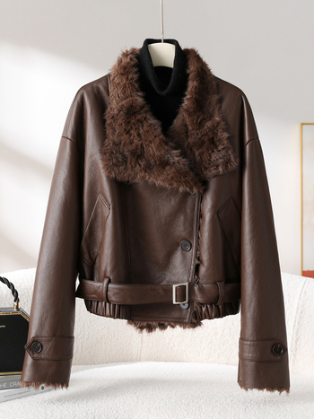 Женско палто от изкуствен пух, мотоциклетен стил, къс модел, дълги ръкави, пухена яка, зима 2025