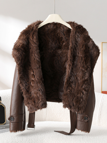 Женско палто от изкуствен пух, мотоциклетен стил, къс модел, дълги ръкави, пухена яка, зима 2025