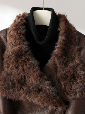 Женско палто от изкуствен пух, мотоциклетен стил, къс модел, дълги ръкави, пухена яка, зима 2025