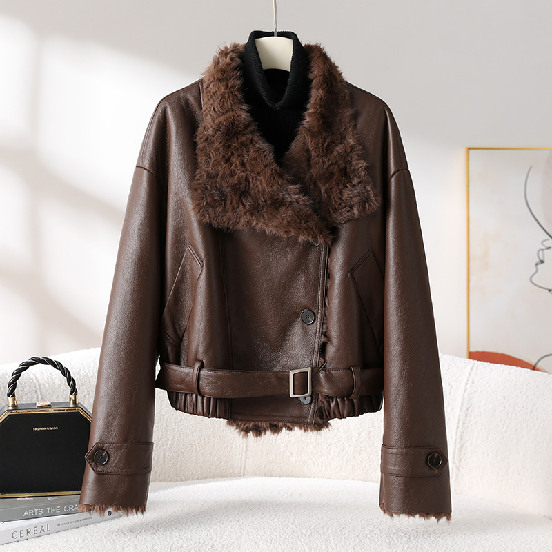 Женско палто от изкуствен пух, мотоциклетен стил, къс модел, дълги ръкави, пухена яка, зима 2025