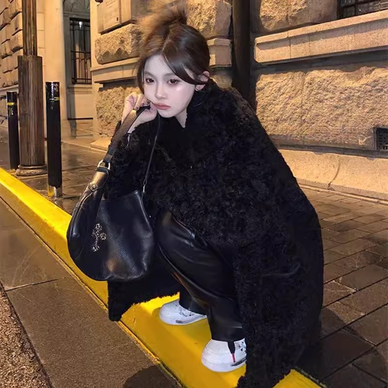 Палто от изкуствена козина за жени, дебел модел за есен-зима, с интегрирана яка от изкуствена козина, екологично чиста козина