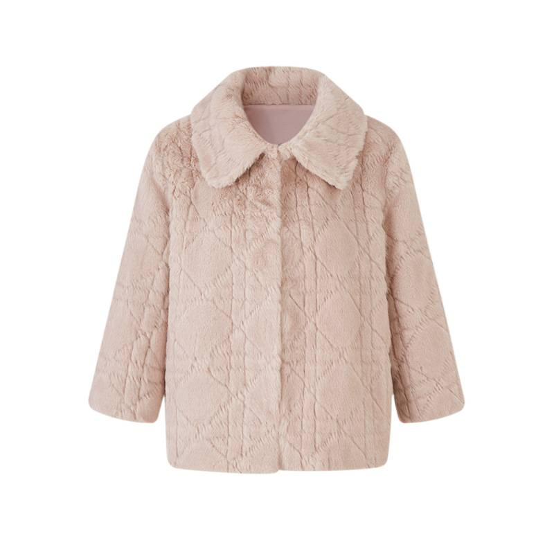 Корея стил сладък и свободен – късо дамско палто от изкуствена пухкава козина за жени, есенно-зимна елегантност. Материя: акрил; яка от изкуствен пух; хоризонтално пришивани панели; халтер-яка; ръкав флътер