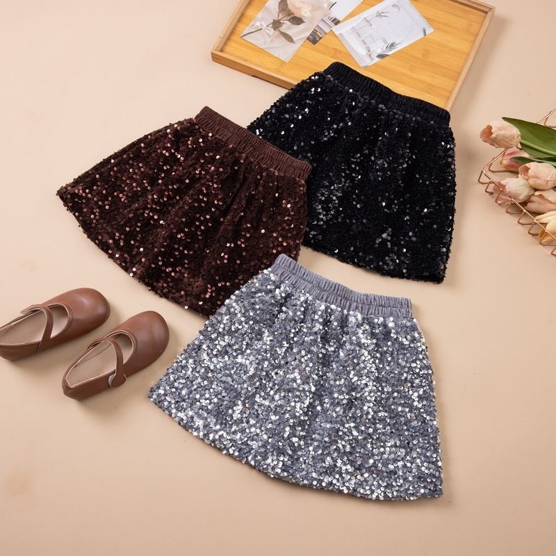 Детска A-line пола от кадифе с пайети, памук 90-95%, принцес стил, пролет 2025