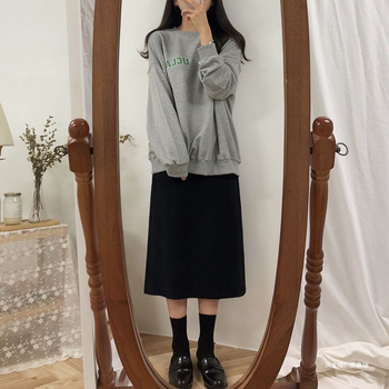 Плътна трикотажна пола за жени с висока талия, миди дължина, разкроен силует, смес памук