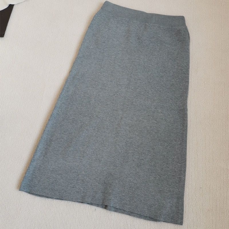 Плътна трикотажна пола за жени с висока талия, миди дължина, разкроен силует, смес памук