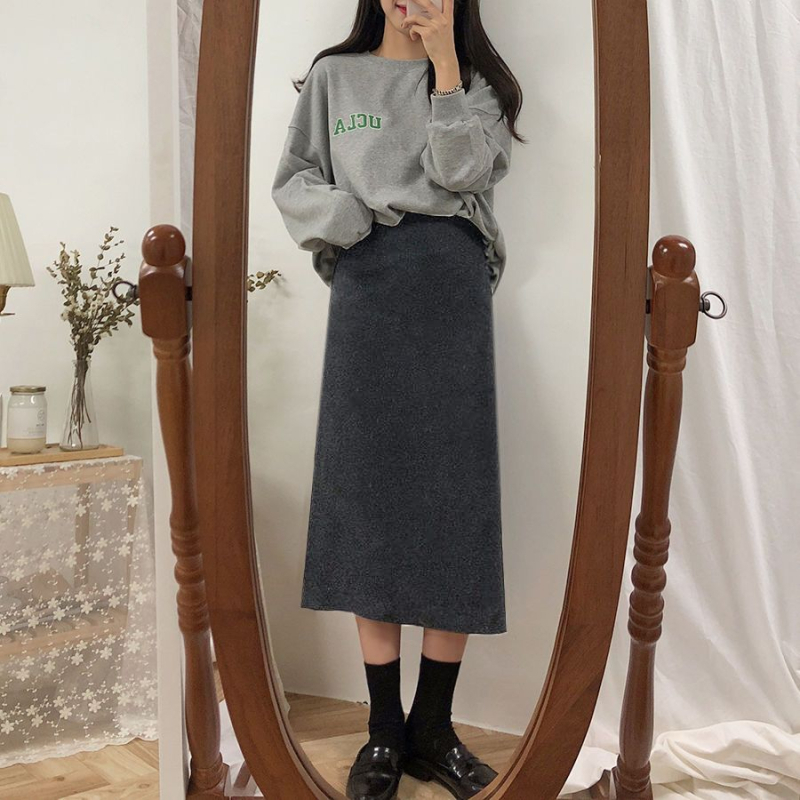 Плътна трикотажна пола за жени с висока талия, миди дължина, разкроен силует, смес памук