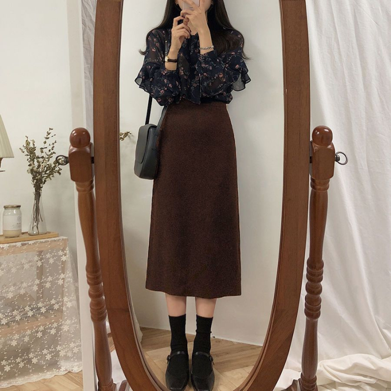 Плътна трикотажна пола за жени с висока талия, миди дължина, разкроен силует, смес памук