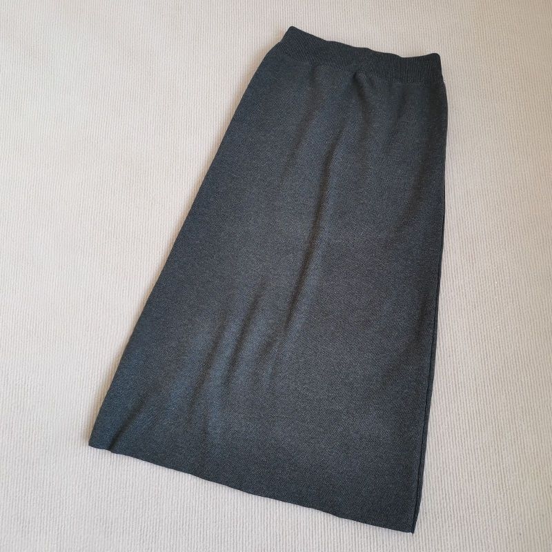 Плътна трикотажна пола за жени с висока талия, миди дължина, разкроен силует, смес памук