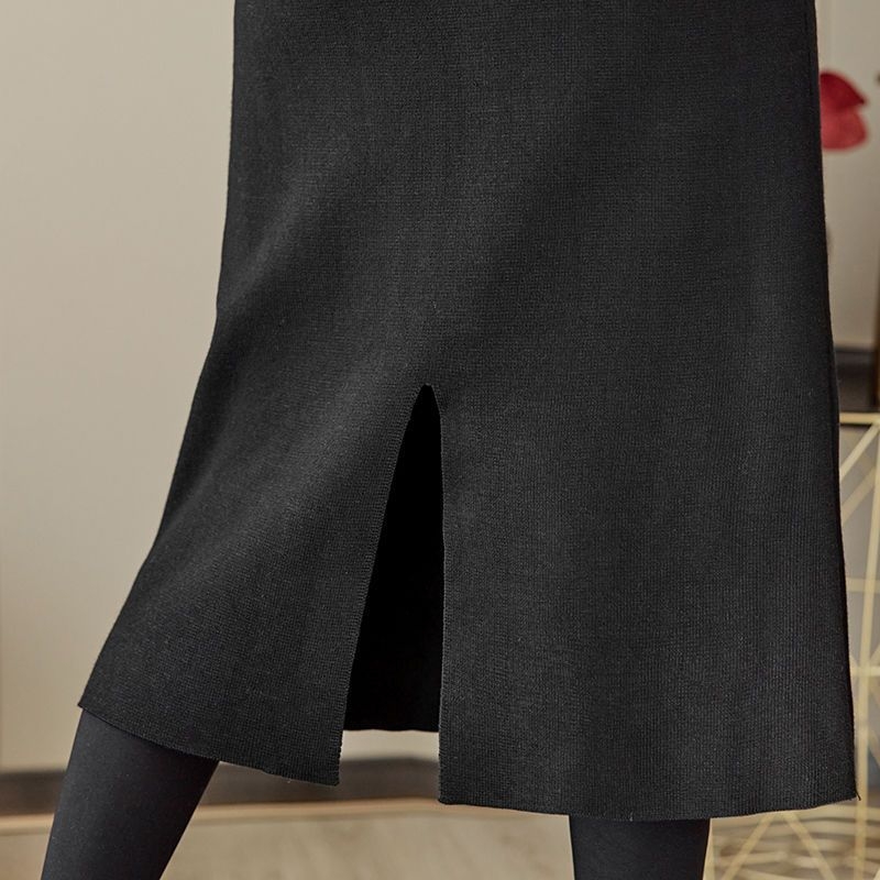 Плътна трикотажна пола за жени с висока талия, миди дължина, разкроен силует, смес памук