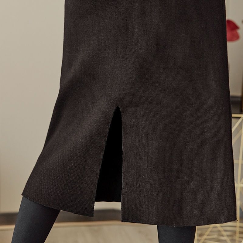 Плътна трикотажна пола за жени с висока талия, миди дължина, разкроен силует, смес памук