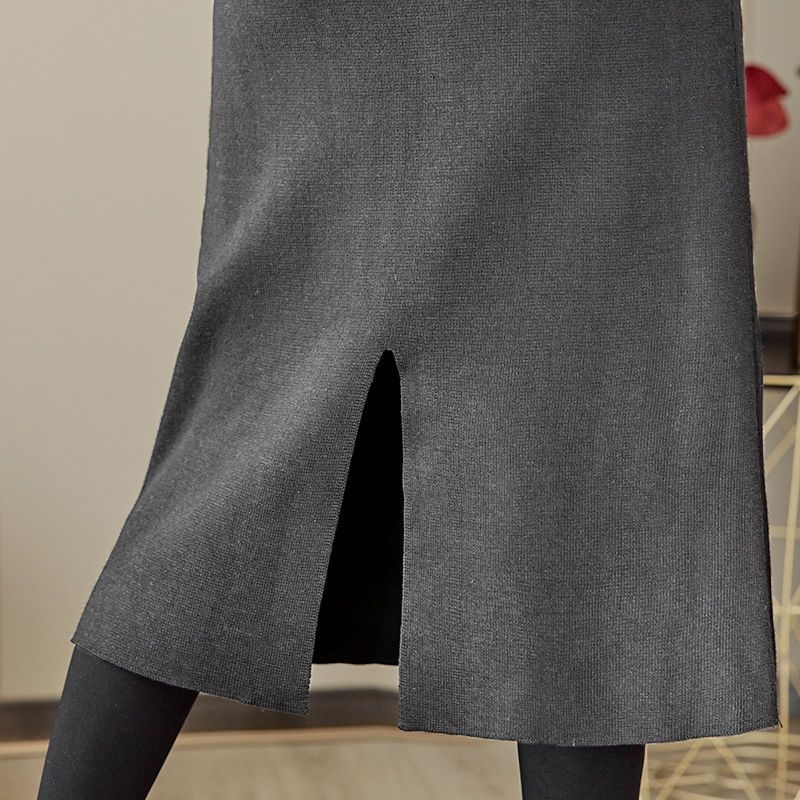 Плътна трикотажна пола за жени с висока талия, миди дължина, разкроен силует, смес памук