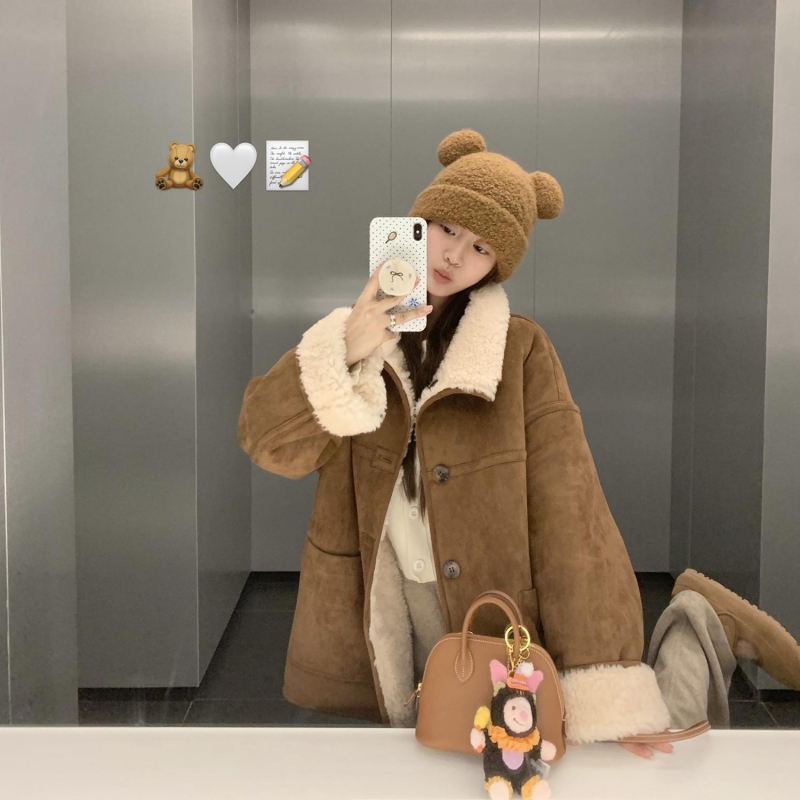 Зимно палто от агнева вълна с двойно лице, корейски стил, средна дължина, 95%+ агнева вълна