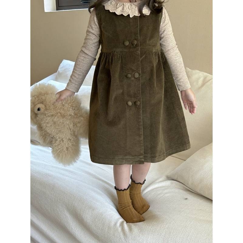 Детска рокля за момичета от Corduroy, без ръкави, с двойно копче отпред, А‑линия силует, памук 81–90%